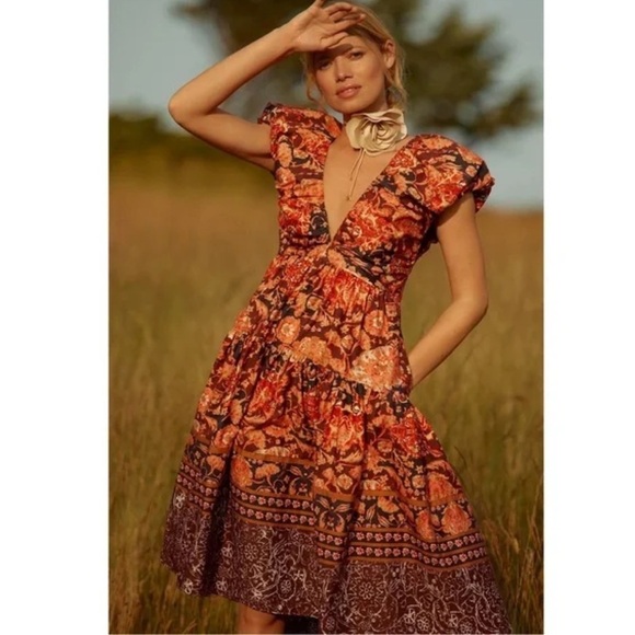 Anthropologie boho printed tiered babydoll midi dress
